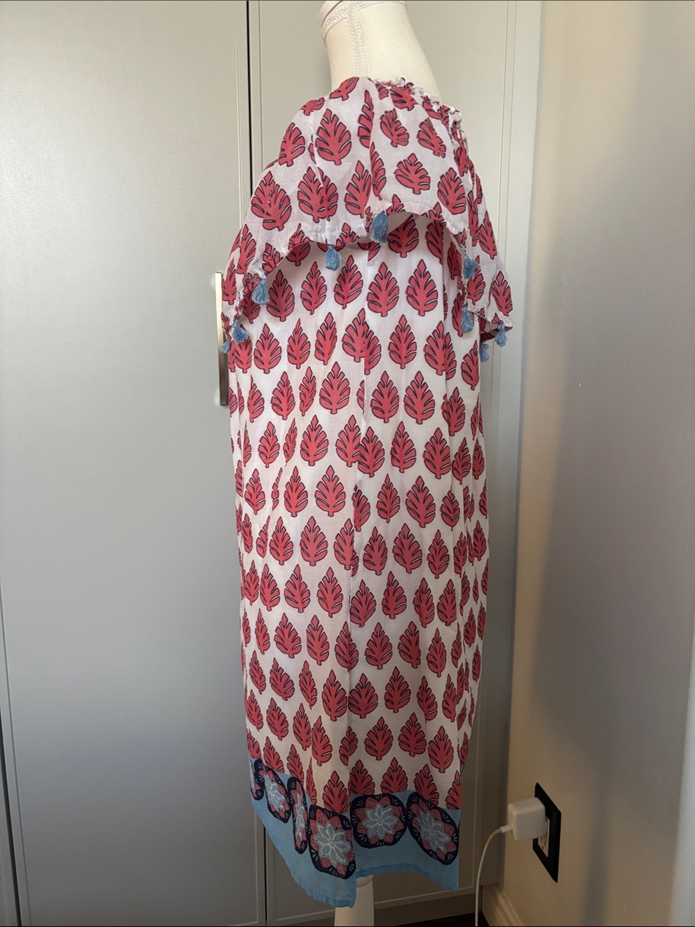 Hatley White Dress with Pink Leaf Print and Blue Tassel Trim - Picture 2 of 7